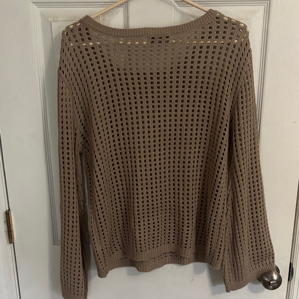 Zenana Outfitters Open-Knit Scoop Neck Sweater in Taupe - Picture 6 of 7